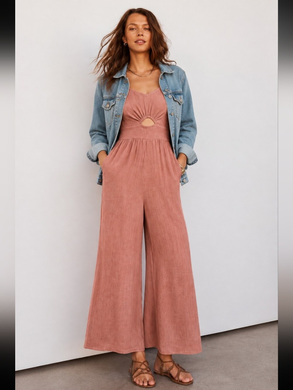 Dusty Rose Linen Blend Cutout Wide Leg Jumpsuit Size M